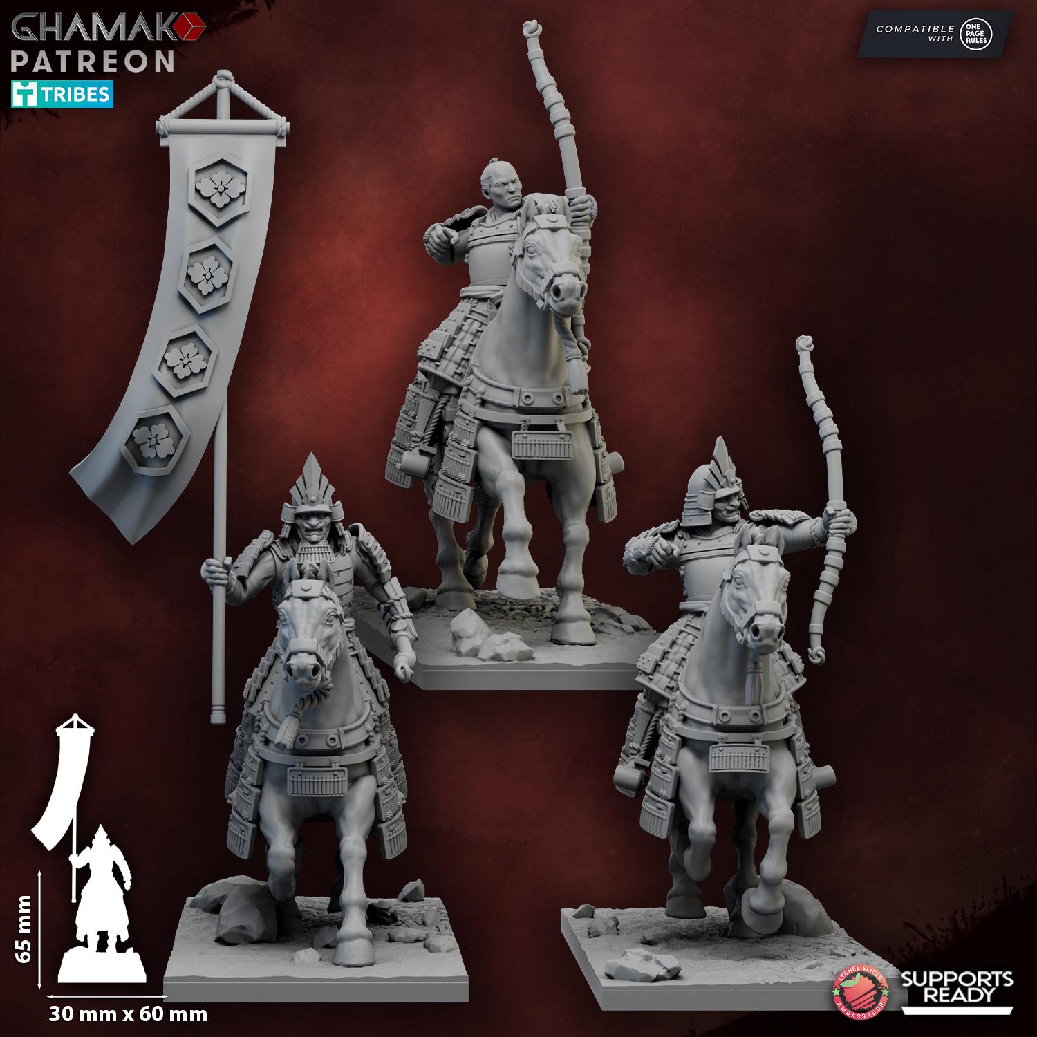 Mounted Samurai with Yumi | Ghamak | 3d Printed Fantasy Miniatures for Tabletop Wargaming