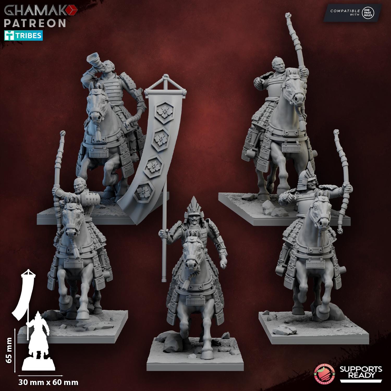 Mounted Samurai with Yumi | Ghamak | 3d Printed Fantasy Miniatures for Tabletop Wargaming
