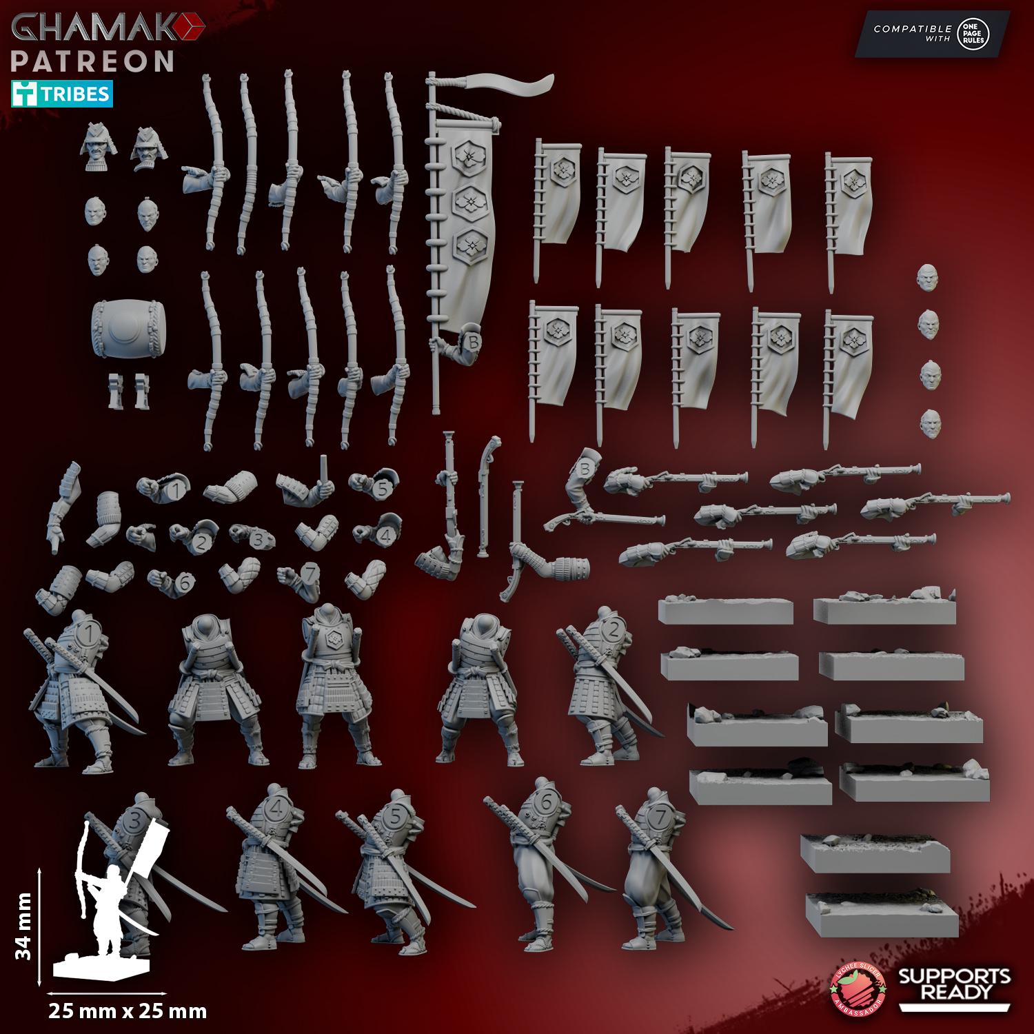 Samurai Yumi & Musket | Ghamak | 3d Printed Fantasy Miniatures for Tabletop Wargames