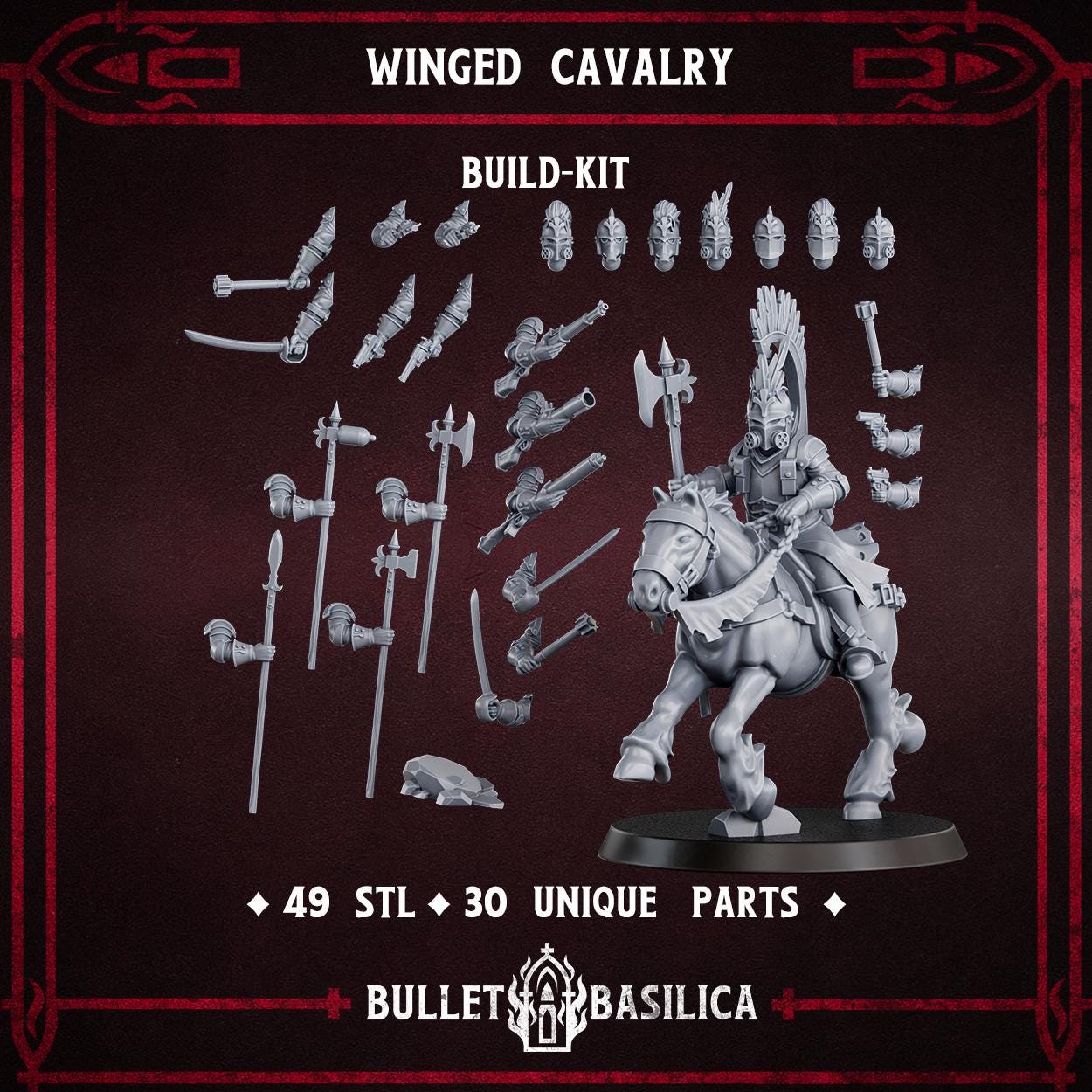 Winged Cavalry, Crimson Hussars | Bullet Basilica | 3d Printed Tabletop Trench War Miniature