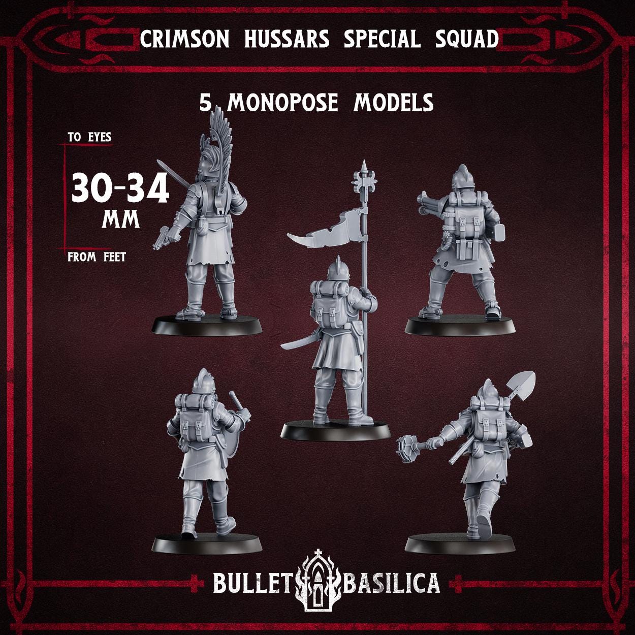 Crimson Hussars Special Squad | Bullet Basilica | 3d Printed Tabletop Trench War Miniature
