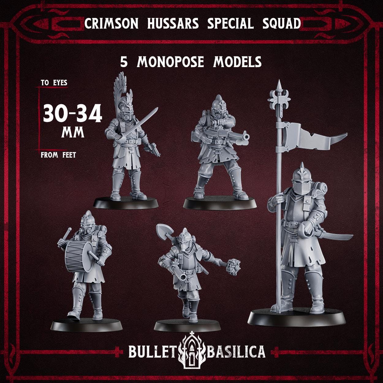 Crimson Hussars Special Squad | Bullet Basilica | 3d Printed Tabletop Trench War Miniature