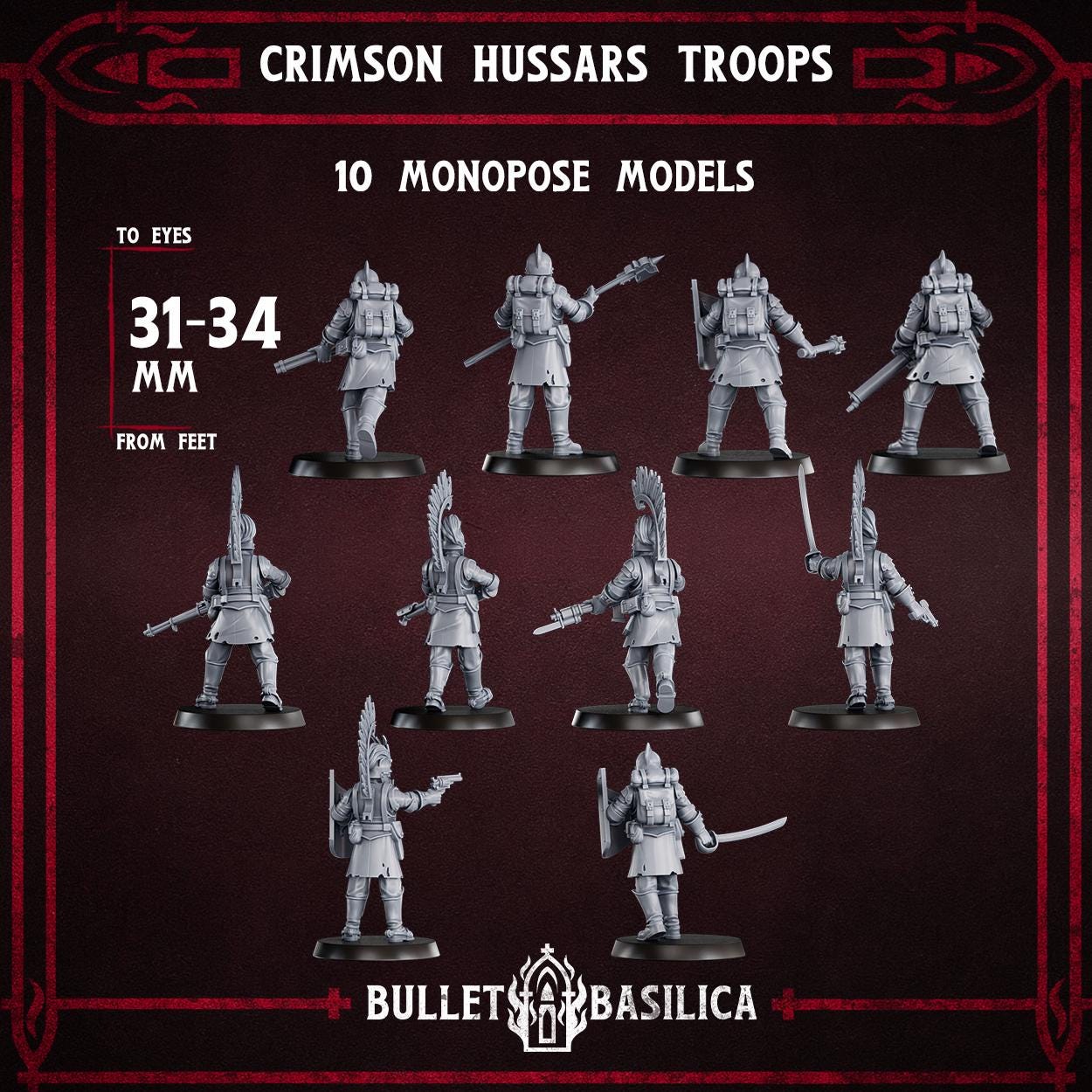 Crimson Hussars Troops | Bullet Basilica | 3d Printed Tabletop Trench War Miniatures