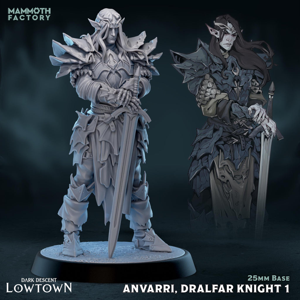 Anvarri Dralfar Knight | Mammoth Factory | 3d Printed TTRPG Miniature