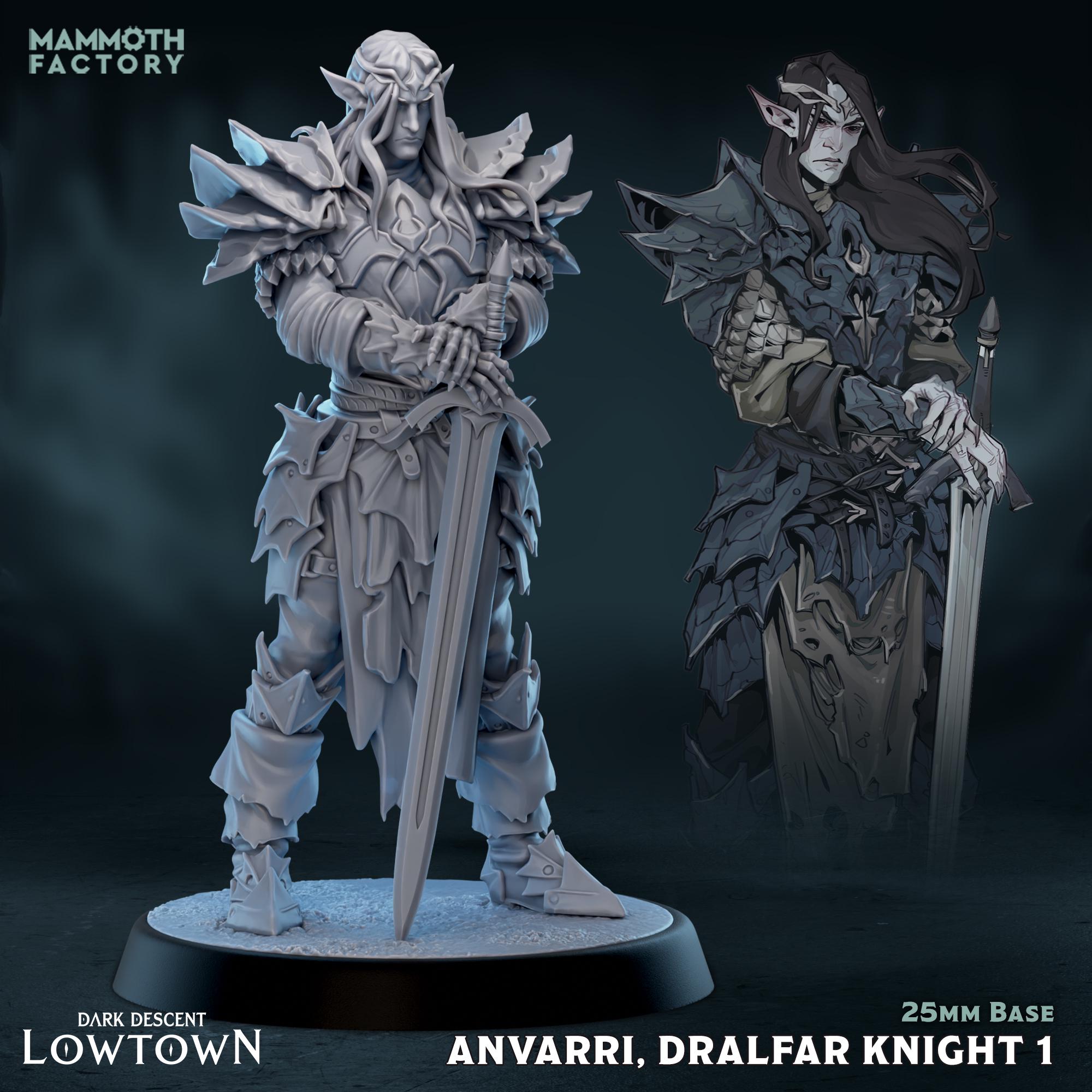 Anvarri Dralfar Knight | Mammoth Factory | 3d Printed TTRPG Miniature